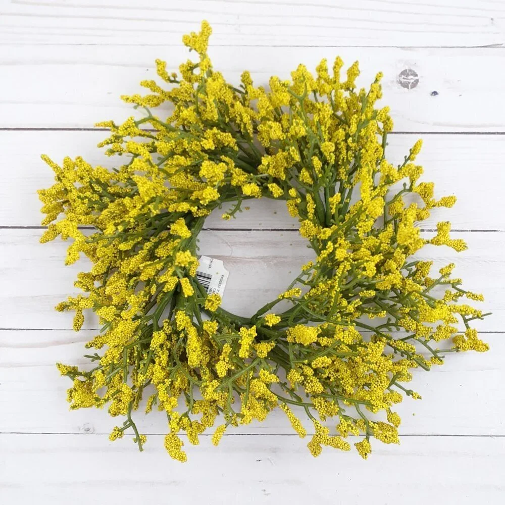 Floral Candle Ring Yellow Array Astilbe Flowers 3 in Inside Ring 10 in Overall